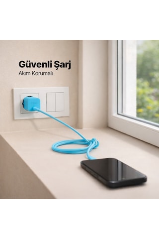 Ttec Smartcharger Gan 45W Avs PD Seyahat Hızlı Şarj Aleti + USB-C - USB-C 3A 120 CM Kablo Neon Mavi