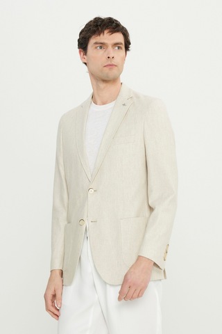 Erkek Bej Yumuşak Dokulu Keten Slim Fit Dar Kesim Mono Yaka Diagonal Desenli Ceket Bej