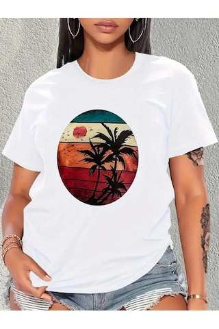Etiler Collection Kadın Kısa Kollu Palmiye Baskılı Viskon T-shirt Beyaz
