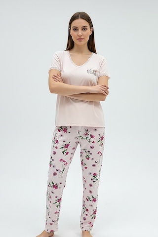 Kompedan Kadın Ring Viskon V Yaka Altı Desenli Kısa Kol Pijama Takımı Pembe 40113-4119