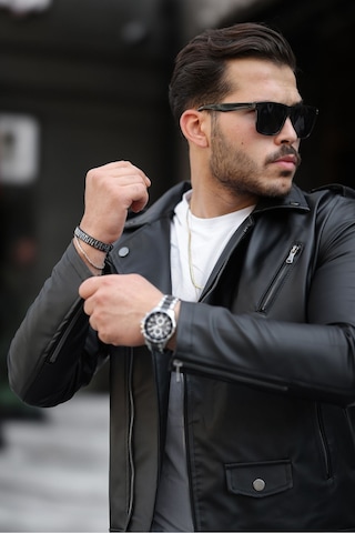 Erkek Çapraz Fermuarlı Deri Ceket Siyah