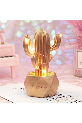 Led Işıklı Sevimli Kaktüs Dekoratif Masa Lambası Mini Biblo Gece Lambası-gold Beyaz