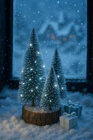 Ahşap Kütük Üzerinde 4 Lü Led Işıklı Noel Kar Efektli Çam Ağaçları Seti 23 Cm - 18 Cm - 12 Cm -13 Cm Çok Renkli