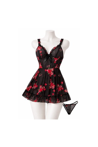 Albonishop Kadın Beyaz Kiraz Desenli Dantel Detaylı Askılı Babydoll Gecelik Çok Renkli