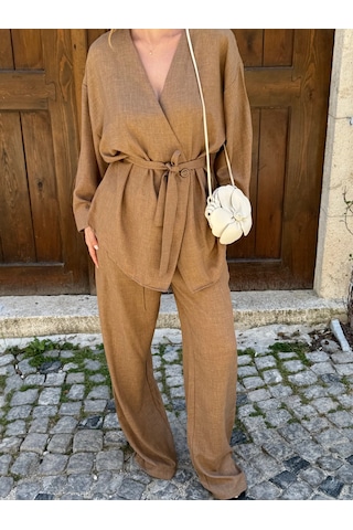 Laluvia Sütlü Kahve Tek Düğmeli Kuşaklı Kimono Takım - 007