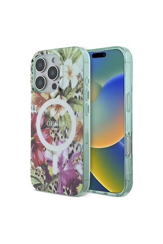 Apple iPhone 16 Pro Uyumlu Kılıf Guess Lisanslı Magsafe Özellikli Iml Baskılı Jungle Ring Yeşil