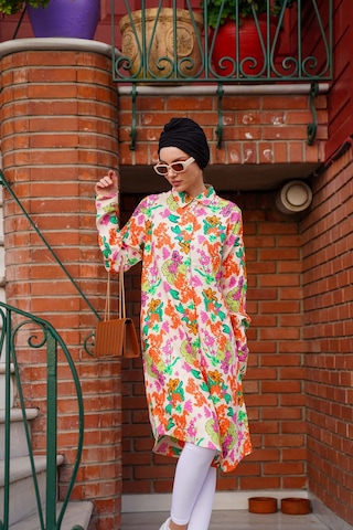 Polologin Butik Retro Çiçek Desenli Hakim Yaka Tunik Turuncu