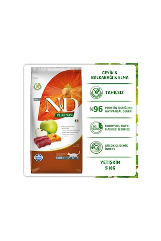 N&D Pumpkin Tahılsız Geyik Etli, Bal Kabaklı ve Elmalı Yetişkin Kedi Maması 5 KG