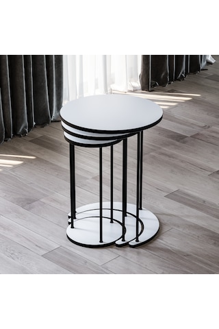 Alpa Ev Mobilya Ay 3 Lü Yuvarlak Zigon Sehpa Seti, Modern Metal Ayaklı C Model Şık Yan Sehpa Beyaz