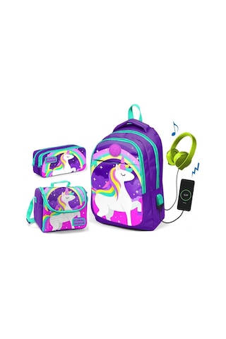 Coral High Kız Çocuk Mor Unicorn 3'lü Çanta Takımı - USB Soketli