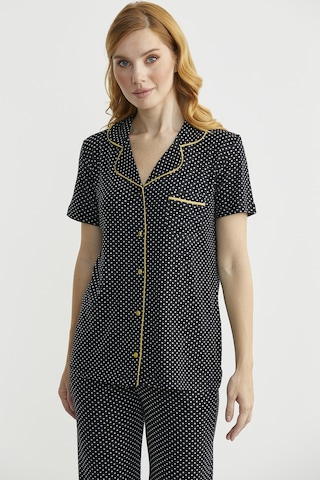 Düğmeli Puantiye Desenli Gömlek Pijama Takım - Siyah Siyah