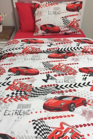 Tek Kişilik Çarşafı Lastikli Nevresim Takımı Kırmızı Araba