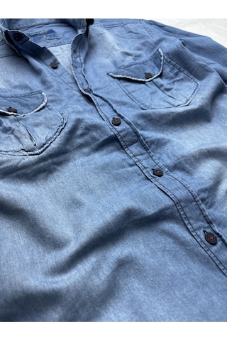 Slim Fit Saf Pamuk Denim Kumaş Kot Gömlek--çiftcep Mavi-- Açık Mavi