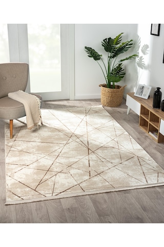 Tokyo 1753 Bej Halı Kahverengi Detaylı Geometrik Desen Modern Akrilik Halı Kaymaz Taban Tozuaz-864 Bej