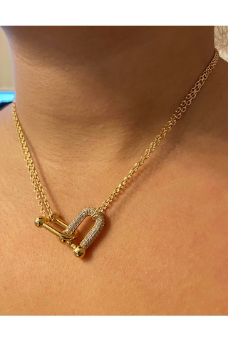 Celikchi Kadın İç İçe Geçmeli Taş Detay Gold Renk Çelik Kolye Gold