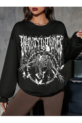 Adrift Coolane Skeleton & Letter Graphic Drop Shoulder Sweatshirt Siyah Siyah