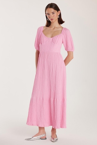 Tudors Kadın Standart Fit Normal Kesim Sırt Bağlama Detaylı U Yaka Midi Pembe Elbise-34180 Pembe