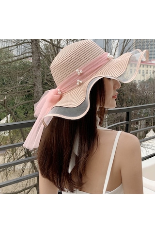 Şık Ve Zarif Bayanlar İçin İnci Detaylı Hasır Örgü Yazlık Güneş Şapkası Mavi