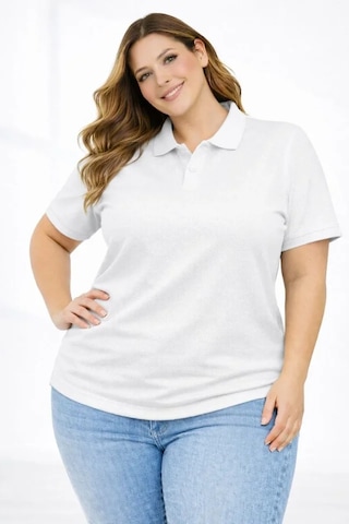 De'charme Pike Kumaş Düğmeli Yaka Battal Büyük Beden Günlük Kısa Kol Tişört T-shirt - Beyaz