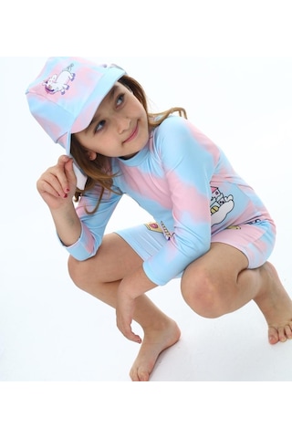 Lolliboomkids Kız Çocuk Sevimli Tarz Soft Renk Geçişli Pembe Mavi Renk Düşn / Rüya Şato Bulut Efsanevi At Desenli Güneş Koruma Siperli Şapkalı 2'li Takım Uzun Kol Pembe - Açık Mavi