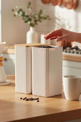 İronika 2 Litre Bambu Kapaklı Erzak Gıda Bakliyat Saklama Kabı Mutfak Organizeri 2 Adet Beyaz
