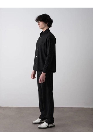 Erkek Teenage Oversize Çizgili Gömlek Pantolon Takım-15545 Siyah