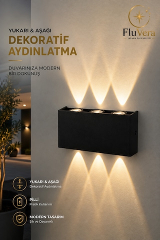 Gün Işığı Pilli 12w Led Duvar Apliği Siyah Çift Yönlü Işık Modern Dekoratif Aydınlatma3 Led İç & Dış Mekan Duvar Lambası Siyah