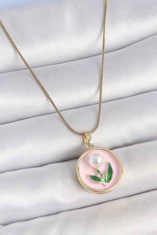 Mey İthalat 316l Çelik Gold Renk Zincir Pembe Mineli İncili Çiçek İşlemeli Portre Model Kadın Kolye 11 93302640