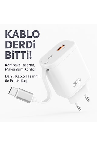 30w Gan Hızlı Şarj Cihazı Usb-a Usb-c Çıkışlı, Entegre Kablolu