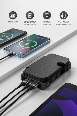 Exenar - Siyah - Güneş Enerjili Powerbank 4 Solar Panel Taşınabilir Şarj Cihazı Kendinden Kablolu Led Fenerli 20000mah Black