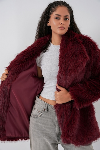 Hiccup Bdart Kemerli Uzun Oversize Suni Kürk Palto Bordo Kırmızı