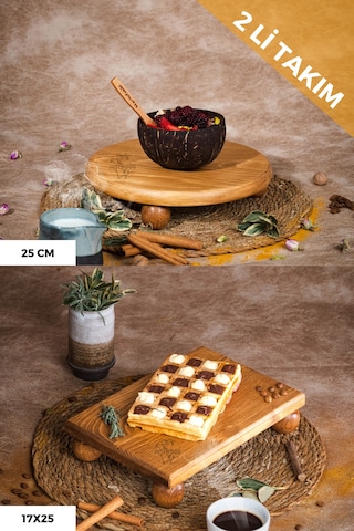 2 Li Risus Top Ayaklı 25 Cm Ve 17x25 Cm Ahşap Sunum Tabağı