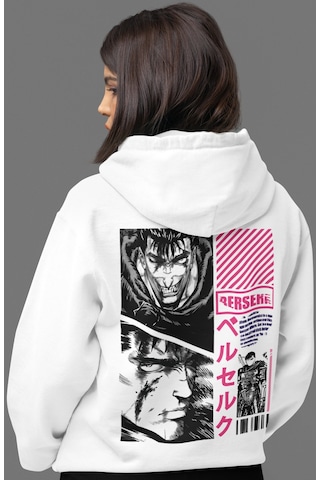 Sevbano Tasarım Berserk Guts Anime Sırt Baskılı Unisex Oversize Penye Hoo beyaz