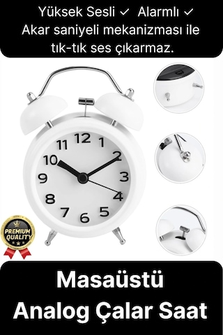 Premium Kalite Dekoratif Pilli Yüksek Sesli Alarmlı Çift Çan Formlu Masaüstü Mini Analog Çalar Saat