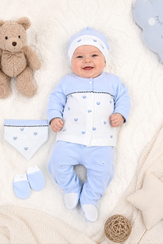 Sitilin Erkek Bebek 5'li Hastane Çıkışı Seti %100 Pamuk Yenidoğan Bebek Hediyesi Zıbın Takımı Mavi Stl7205 Beyaz