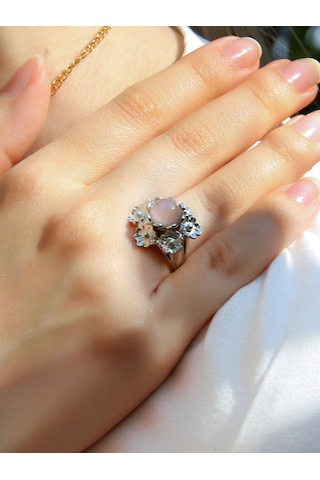 Esha Store Doğal Taş Pembe Kuvars Doğal Taşlı Çiçek Model Telkari Kadın Ayarlanabilir Gümüş Kaplama Yüzük Euy61 Pembe