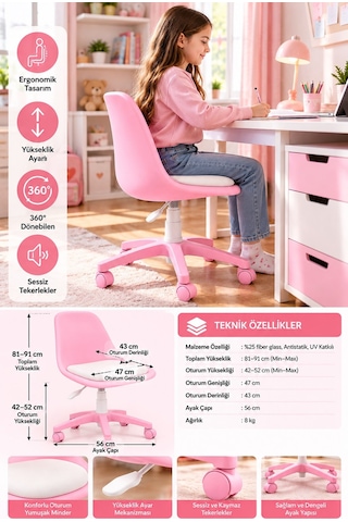 Pembe Ergonomik Çalışma Sandalyesi Yükseklik Ayarlı, 360 Döner, Minderli Ve Tekerlekli Çocuk Genç Odası Sandalyesi Pembe - Beyaz