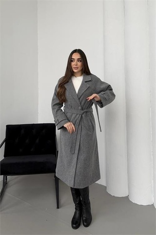 Neşeli Butik Kadın Antrasit Kuşaklı Reglan Kol Düğmeli Premium Kaşe Kaban Nbkbn01 Antrasit