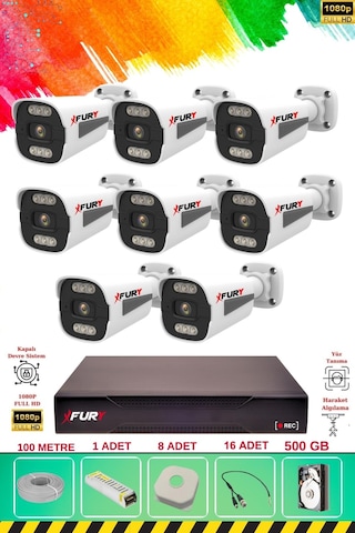 Fury 8 Kameralı 6 Warm Led Gece Renkli Görüş-cepten İzle-su Geçirmez Güvenlik Kamerası Seti 500gb