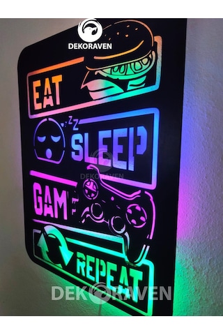 Gamer Led Işıklı Tablo Eat-Sleep-Game-Repeat