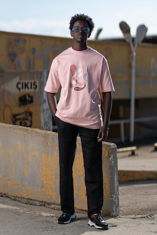 Bisiklet Yaka Lu Önü Baskılı Oversize Geniş Model T-Shirt Pembe