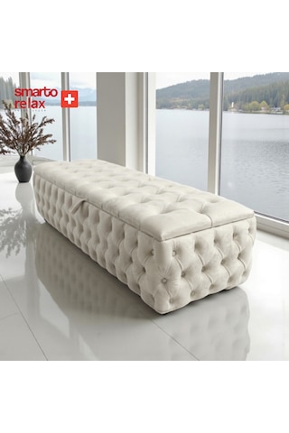 Smarto Relax Swiss Style Saas-fee Sandıklı Baby Face Puf, Kapitoneli Sandıklı, 100x45x45 Cm, Babyface Kaplama Dekoratif Puf Ekru