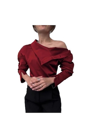 Kadın Gömlek Düğme Eklemeli Balıkçı Yaka Uzun Kollu Rahat Bol Kesim Gömlek Düz Şarap Kırmızısı