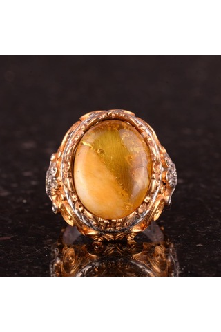 925 Ayar Gümüş Doğal Kehribar Taşlı Erkek Yüzük - El Yapımı Vintage Tarzı Takı Gümüş