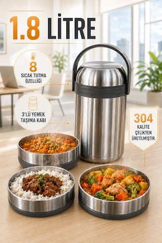 1.8 Litre 3'lü Paslanmaz Çelik Sızdırmaz Termos Yemek Taşıma Kabı / Sefer Tası Beslenme Kutusu Çelik Rengi