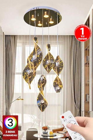 Fuzon 3 Renk Kumandalı Gold Kaplama Sarkıt Modern Led Avize 5'li Yaprak Gold Kasa