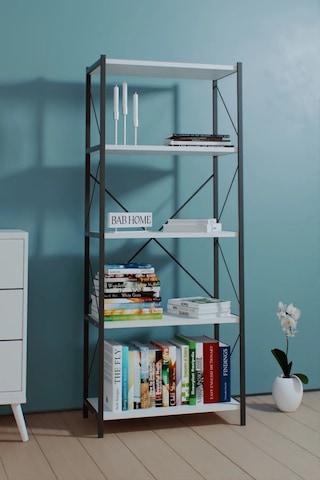 Dekoratif 5 Raflı Metal Kitaplık Dosya Kitap Rafı Ofis Rafı Beyaz