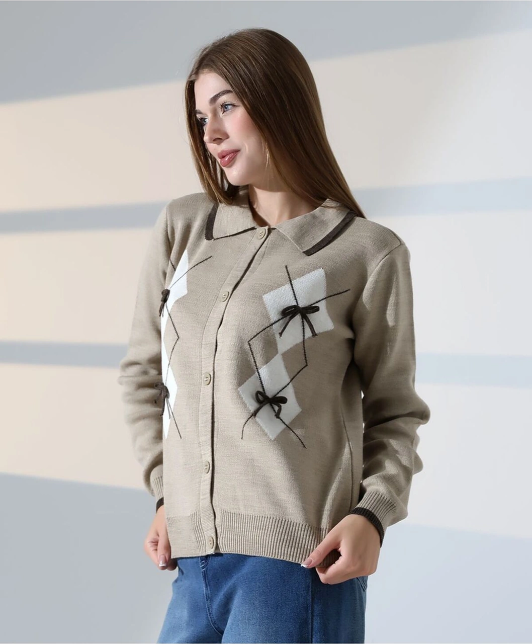 Baklava Desen Polo Yaka Kadın Kazak Vizon