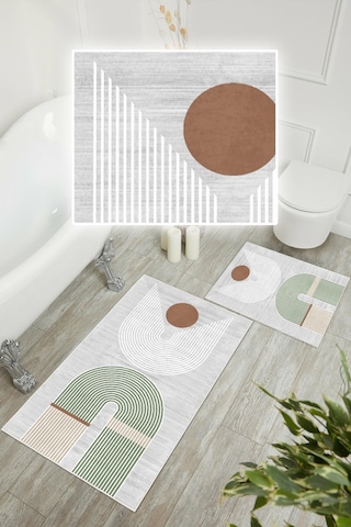 Dijital Baskı Modern Kaymaz Taban 2li Set Banyo Paspası Klozet Takımı 50x60cm-60x100cm Yeşil