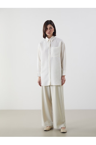 Lcw Modest Ekru Dokulu Oversize Kadın Gömlek Tunik